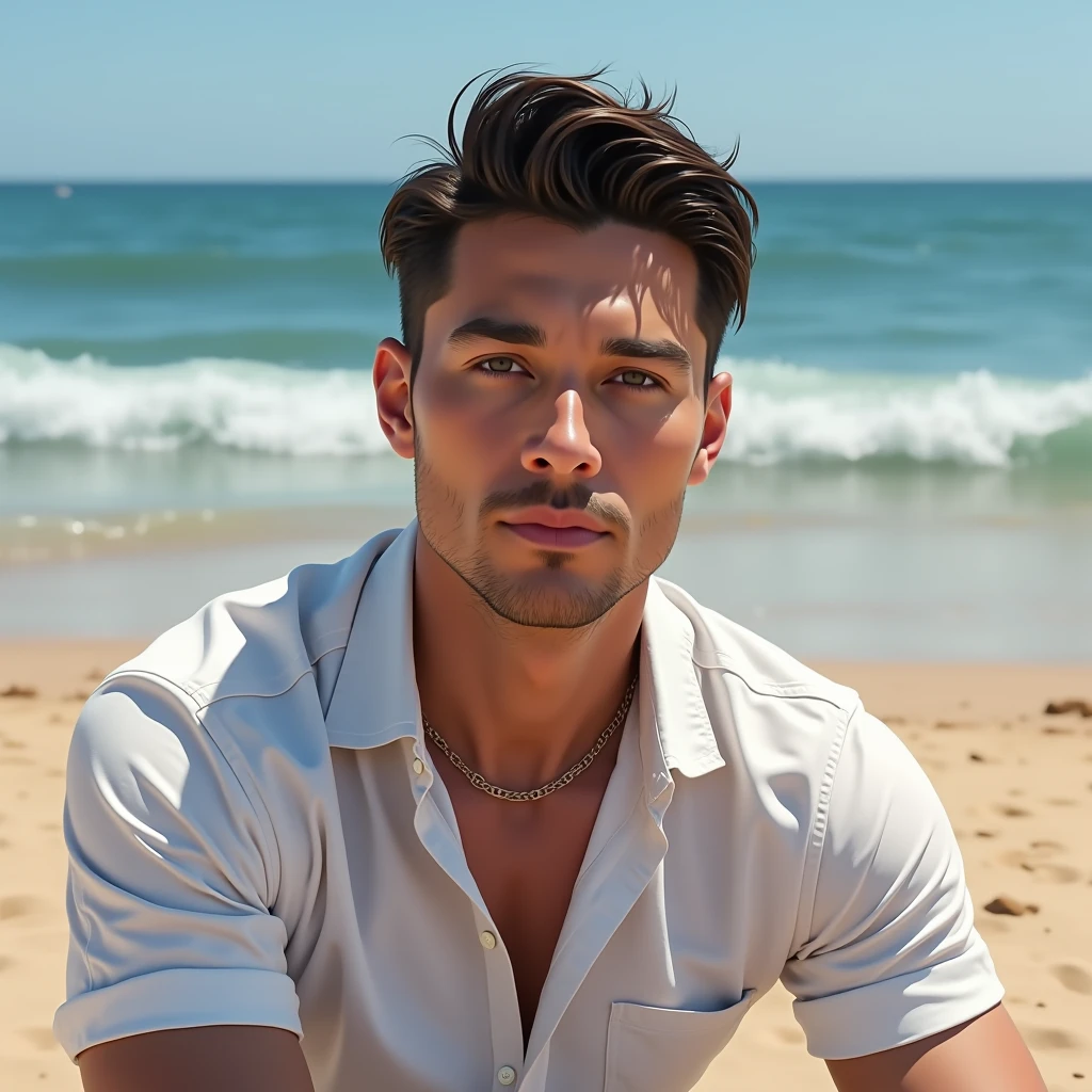 makes image of a white man, aged 35, model type, with short dark hair, with clear eyes, wearing a shirt buttoned up to the neck, with your friend on a beach in the Algarve