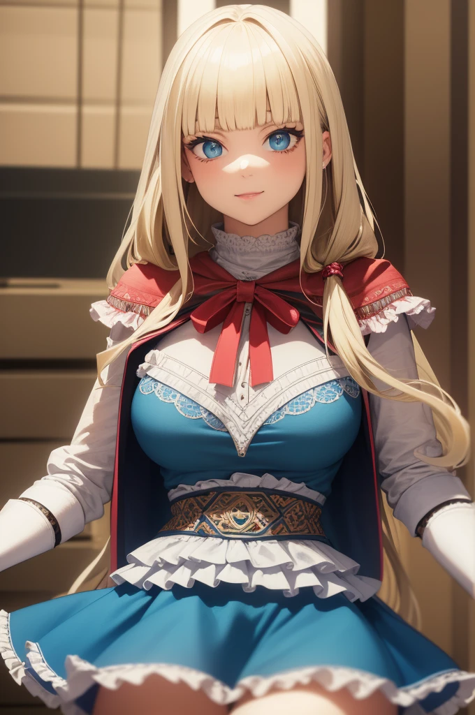 perfects eyes:1.2, detailedeyes:1.4, Emília T8, Blunt bangs, blue colored eyes, long hair, hair blonde, thicc thighs, lacing boots, pink ruffled dress, scarf with ruffles, gloves fingerless, ssmile, red eyeshadow:1.2, make up:1.2, cowboy shot, 1 girl, standing alone, (work of art:1.6, best qualityer), 8k, insane details, details Intricate, hyperdetailed, hyper qualit, high détail, ultra detaild, proffesional, HDR, ray tracing reflection, cinematic lighting,