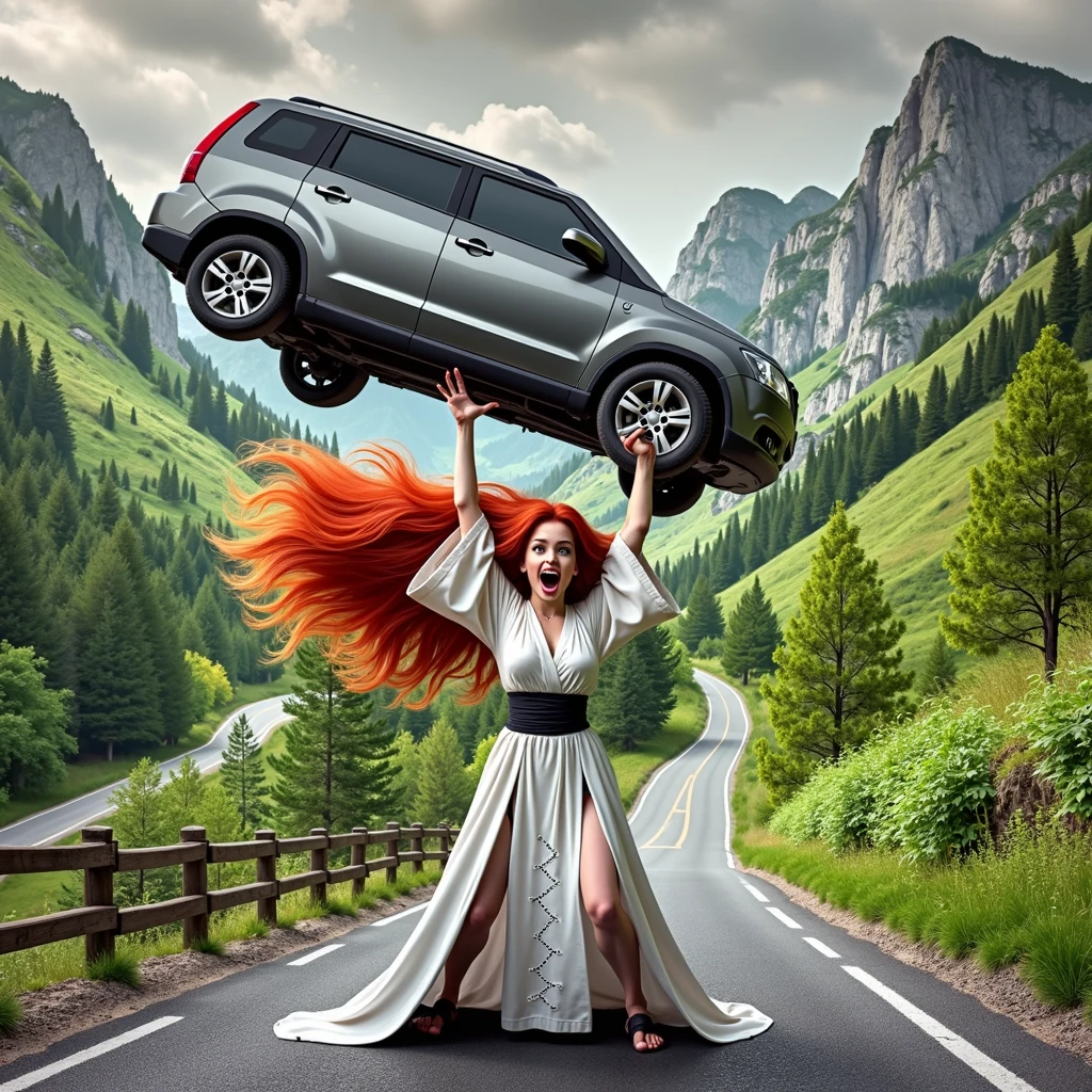 Cartoon Style,Background mountain road,Red long hair,White robe,girl,Exaggerated expression,Holding a car in one hand