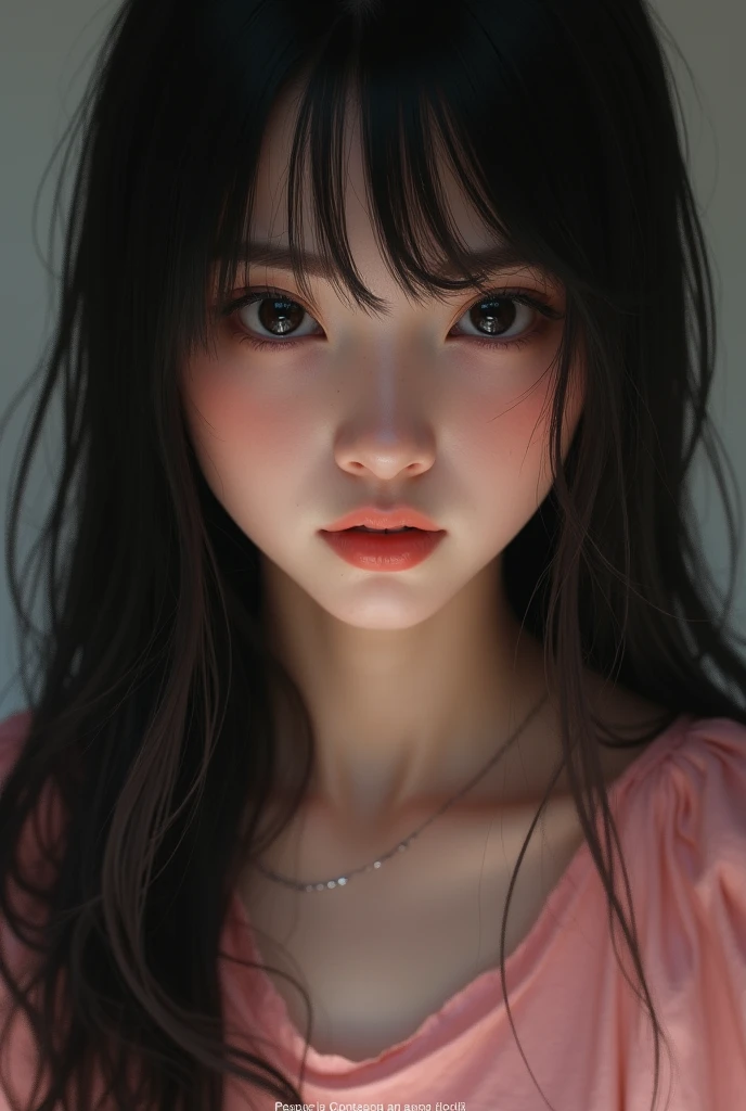 Selfie girl with dark eyes sampaku, long straight dark hair, wearing pink blouse