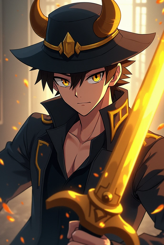 An anime guy, wearing a golden sword, black brimmed hat, black vest, golden horn
