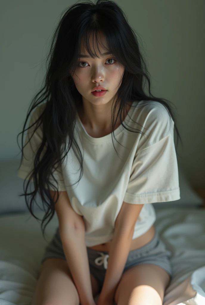 BDSM, (8k, RAW Photo, Best Quality, Masterpiece:1.3),(Real,Photo:1.37),(Black Hair),Pose,1girl,Very Beautiful Face,Cute,(Small),(Put Your Hands Down))),sexual excitement, seductive saggy eyes, Poggy Hairstyle,Random Expression,(White T-shirt),JK_style,(Track Shorts) ,Black Hair,(Age 19),Modest,Five Fingers,Normal Hands,Small Mouth,Straight Hair, thigh gap, camel toe