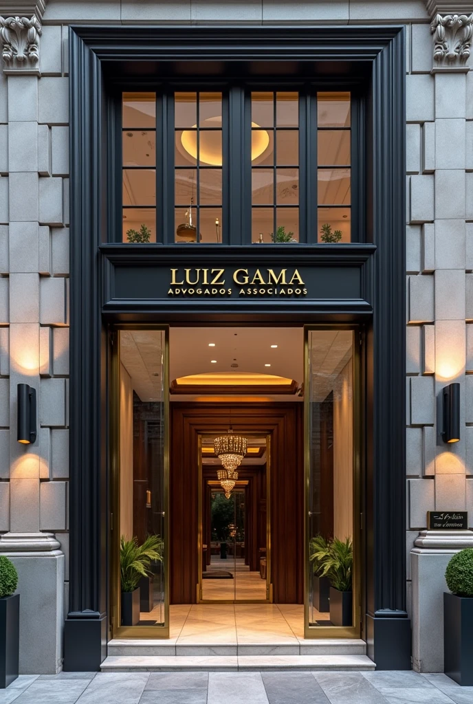 Create the facade of a luxury law firm with the name LUIZ GAMA - ADVOGADOS ASSOCIADOS. You don't need to have a big right foot. It could be a medium sized office