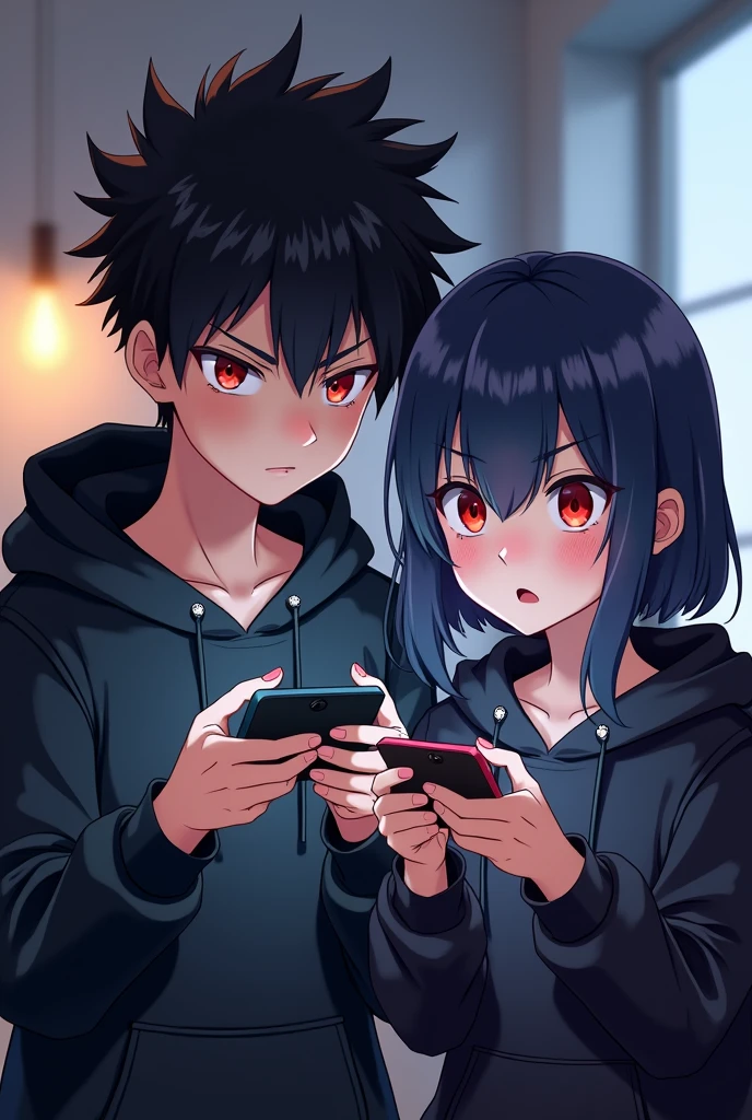A boy ((( Anime boy , Spiky hair , black hair , black hoodie , blood red eyes , narrowed eye , ))) , A girl ((( Anime girl , dark blue hair , modern day mullet hair style , black hoodie , red eyes , almond eye ))) , playing mobile games