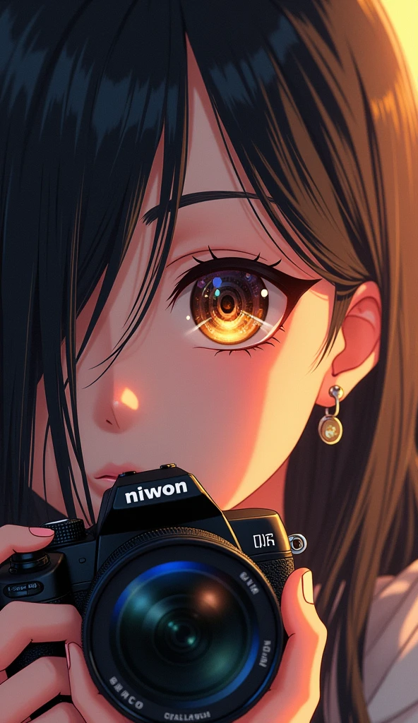 A breathtaking anime-style digital illustration merging hyperrealism with stylized anime aesthetics, featuring a close-up of a young woman's face partially obscured by a professional DSLR camera. The composition is intimate and dynamic, with the camera occupying the lower half of the frame and the character's striking eye dominating the upper portion. The woman has long, flowing black hair rendered with meticulous detail, each strand creating a sense of movement and depth. Her eye is large and expressive, typical of anime art, with an intricately detailed golden iris reflecting light and showcasing remarkable complexity. Long eyelashes and subtle skin textures enhance the realism.
The camera is a highly detailed representation of a "Niwon" DSLR (a play on Nikon), with crisp, legible text on the body and precise rendering of buttons, dials, and the lens. The camera's black body provides a stark contrast to the warmer skin tones and background colors. The lighting mimics a golden hour effect, warm and dramatic, with soft highlights and shadows that add depth and dimension to both the character and the camera. The background features a blurred bokeh effect, suggesting a vibrant, colorful setting without distracting from the main subjects.
The color palette is rich and warm, dominated by golden tones, soft pinks, and deep blacks, creating a visually striking and cohesive image. This unique artwork seamlessly blends exaggerated anime features with photorealistic textures and lighting, resulting in a captivating piece that bridges fantasy and reality. The overall effect evokes a sense of wonder, creativity, and the merging of human perception with technological precision.