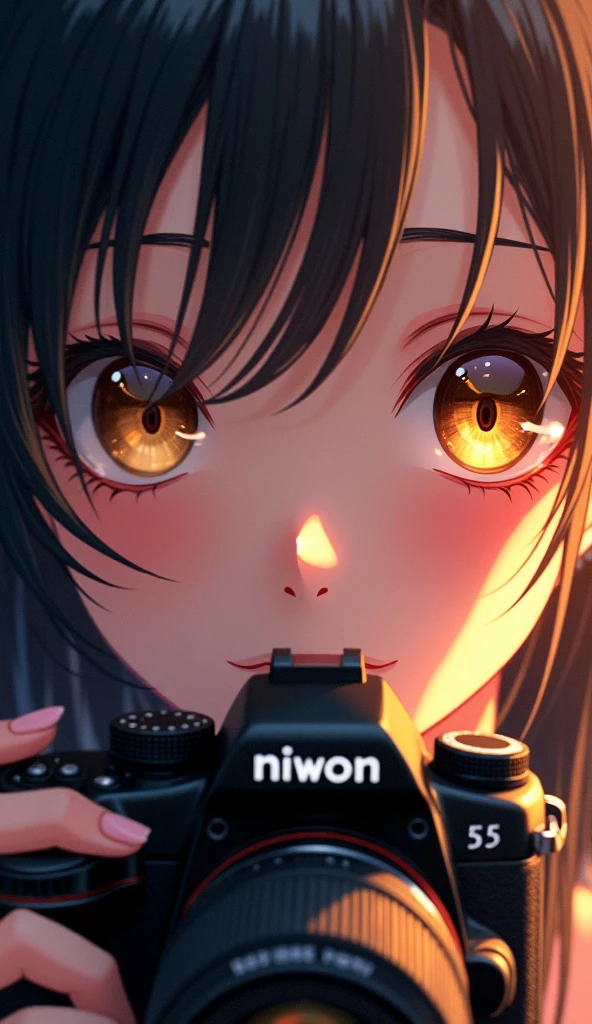 A breathtaking anime-style digital illustration merging hyperrealism with stylized anime aesthetics, featuring a close-up of a young woman's face partially obscured by a professional DSLR camera. The composition is intimate and dynamic, with the camera occupying the lower half of the frame and the character's striking eye dominating the upper portion. The woman has long, flowing black hair rendered with meticulous detail, each strand creating a sense of movement and depth. Her eye is large and expressive, typical of anime art, with an intricately detailed golden iris reflecting light and showcasing remarkable complexity. Long eyelashes and subtle skin textures enhance the realism.
The camera is a highly detailed representation of a "Niwon" DSLR (a play on Nikon), with crisp, legible text on the body and precise rendering of buttons, dials, and the lens. The camera's black body provides a stark contrast to the warmer skin tones and background colors. The lighting mimics a golden hour effect, warm and dramatic, with soft highlights and shadows that add depth and dimension to both the character and the camera. The background features a blurred bokeh effect, suggesting a vibrant, colorful setting without distracting from the main subjects.
The color palette is rich and warm, dominated by golden tones, soft pinks, and deep blacks, creating a visually striking and cohesive image. This unique artwork seamlessly blends exaggerated anime features with photorealistic textures and lighting, resulting in a captivating piece that bridges fantasy and reality. The overall effect evokes a sense of wonder, creativity, and the merging of human perception with technological precision.