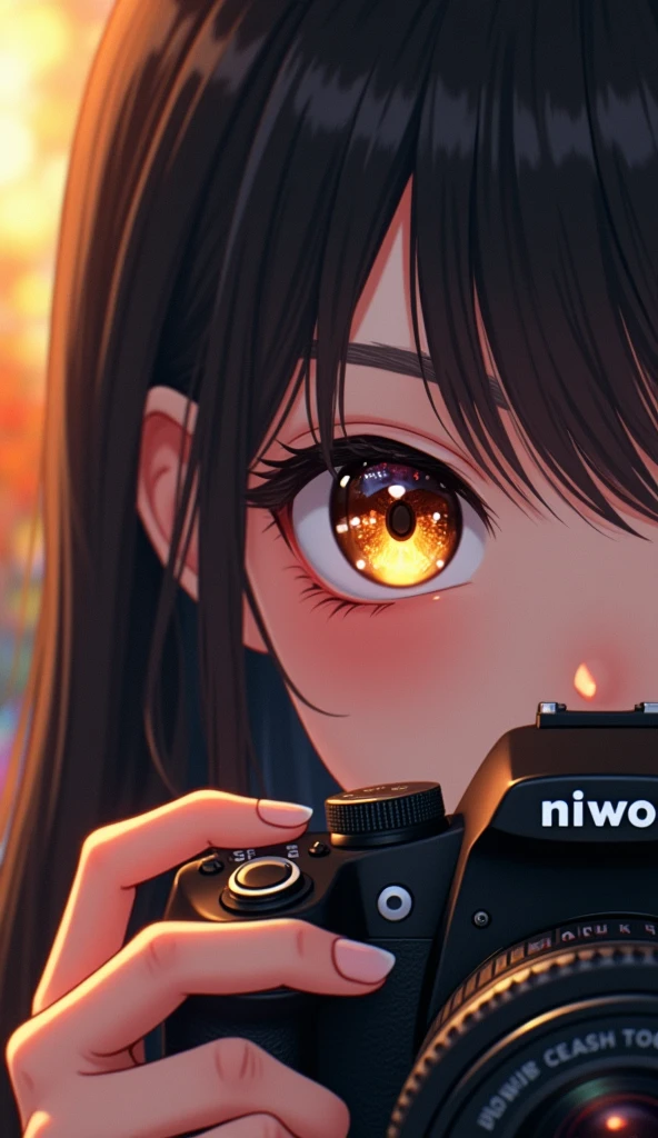 A breathtaking anime-style digital illustration merging hyperrealism with stylized anime aesthetics, featuring a close-up of a young woman's face partially obscured by a professional DSLR camera. The composition is intimate and dynamic, with the camera occupying the lower half of the frame and the character's striking eye dominating the upper portion. The woman has long, flowing black hair rendered with meticulous detail, each strand creating a sense of movement and depth. Her eye is large and expressive, typical of anime art, with an intricately detailed golden iris reflecting light and showcasing remarkable complexity. Long eyelashes and subtle skin textures enhance the realism.
The camera is a highly detailed representation of a "Niwon" DSLR (a play on Nikon), with crisp, legible text on the body and precise rendering of buttons, dials, and the lens. The camera's black body provides a stark contrast to the warmer skin tones and background colors. The lighting mimics a golden hour effect, warm and dramatic, with soft highlights and shadows that add depth and dimension to both the character and the camera. The background features a blurred bokeh effect, suggesting a vibrant, colorful setting without distracting from the main subjects.
The color palette is rich and warm, dominated by golden tones, soft pinks, and deep blacks, creating a visually striking and cohesive image. This unique artwork seamlessly blends exaggerated anime features with photorealistic textures and lighting, resulting in a captivating piece that bridges fantasy and reality. The overall effect evokes a sense of wonder, creativity, and the merging of human perception with technological precision.
