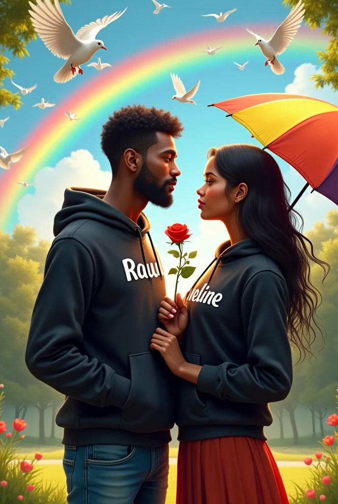 Realistic African 21-year-old Handsome boy with beard ,Black Hoodie with a 18-year beautiful girl in a Black Hoodie, the girl has a red rose flower in her hand, and the boy holding a multi-colorful umbrella in his hand, written in "Raoul" in the boy's hoodie, and "Émeline" in girl hoodie, in outdoor Park with white Background Doves Flying, Beautiful picture, pretty girl, So happy picture, profile pic, Rainbow Behind, 3d illustration, hyperrealistic, Look straight