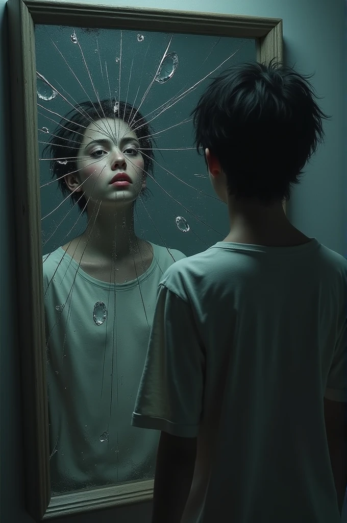 The protagonist looking at a broken mirror, with its fragmented reflection, representing guilt and self-reproach.