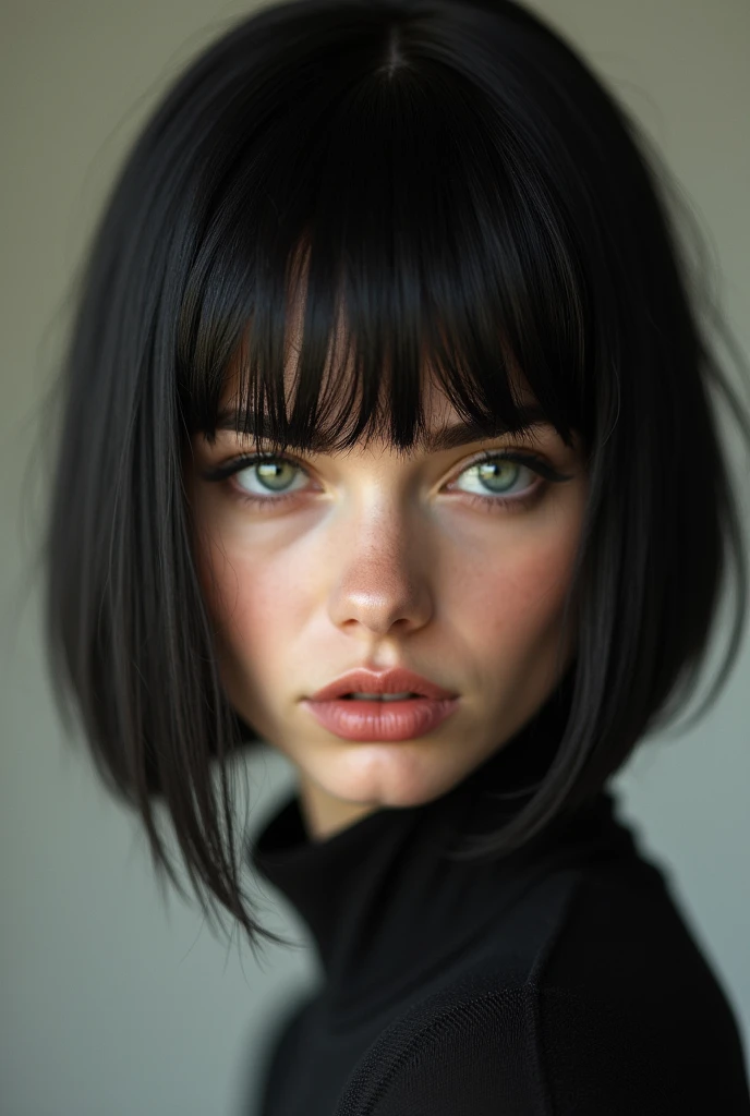 belle femme, brune, carré plongeant, yeux verts