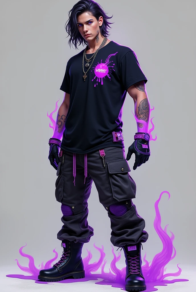 A boy with purple eyes, with slightly long hair, your body is wide, and wears black clothes with purple details.
badass clothing: t - shirt, cargo pants, combat boots.
He is actually a slime in his humanoid form..