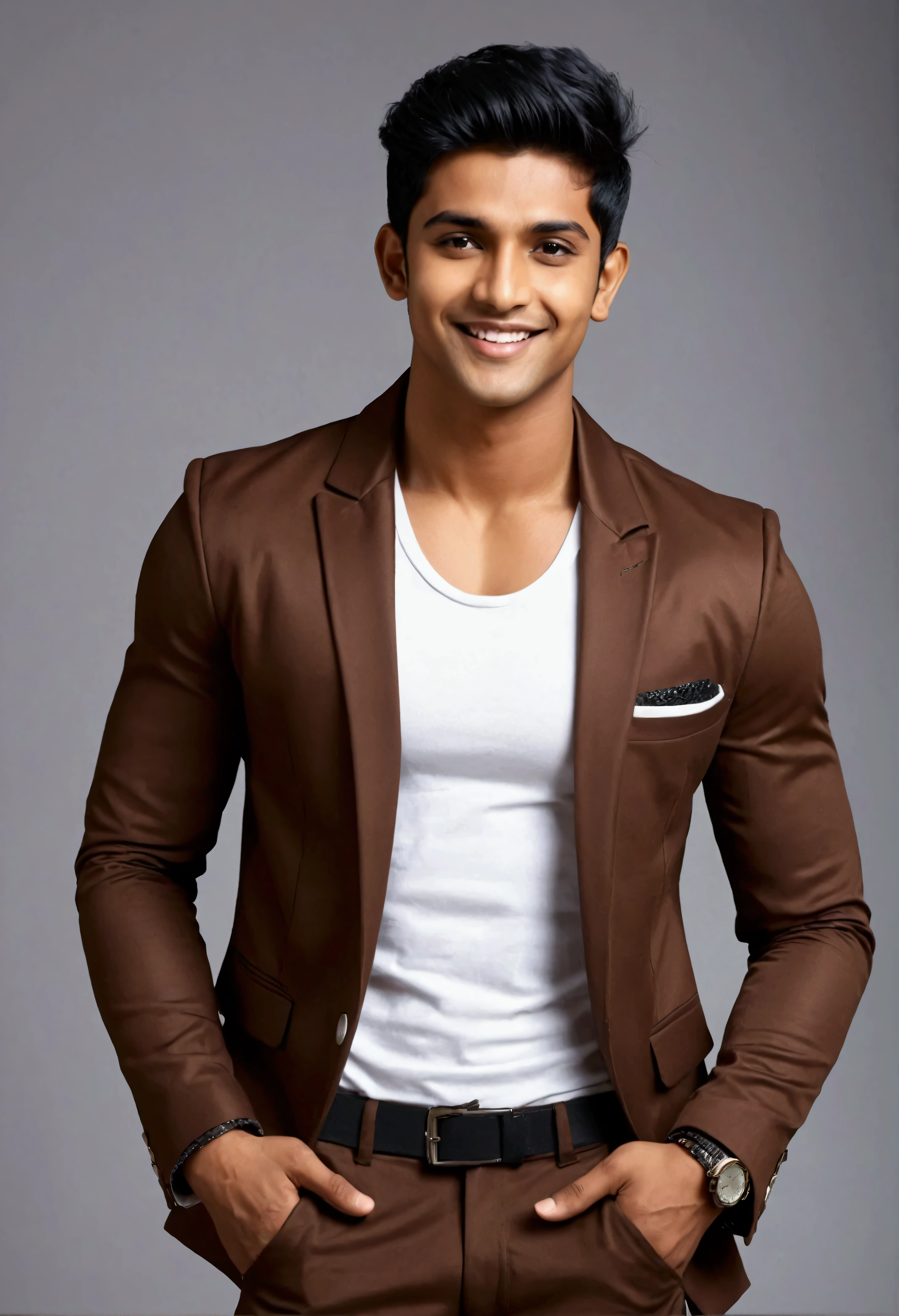 Create a 20 years Indian young boy with realistce face and six pack abs and fitness body and strong muscle and sexy look at forward and black hair cut and beautiful face and smiley face and stylish pose and wearing a broun blazer jacket and pants futuristic baground and haily detailed pictures.