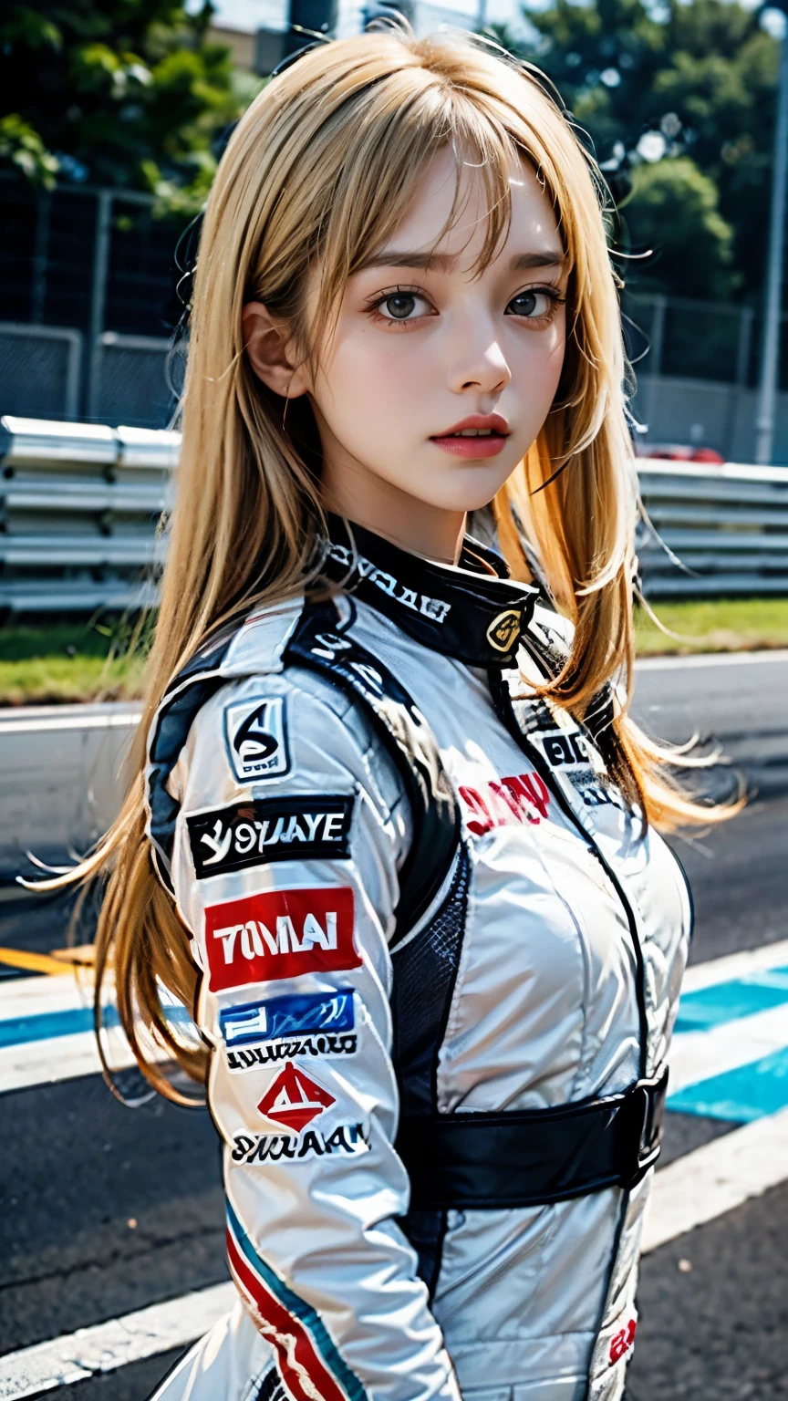Create a woman with long, straight hair, She wears bangs and her hair is very light blonde. She is dressed in a Formula 1 driver's uniform and is holding a helmet.
