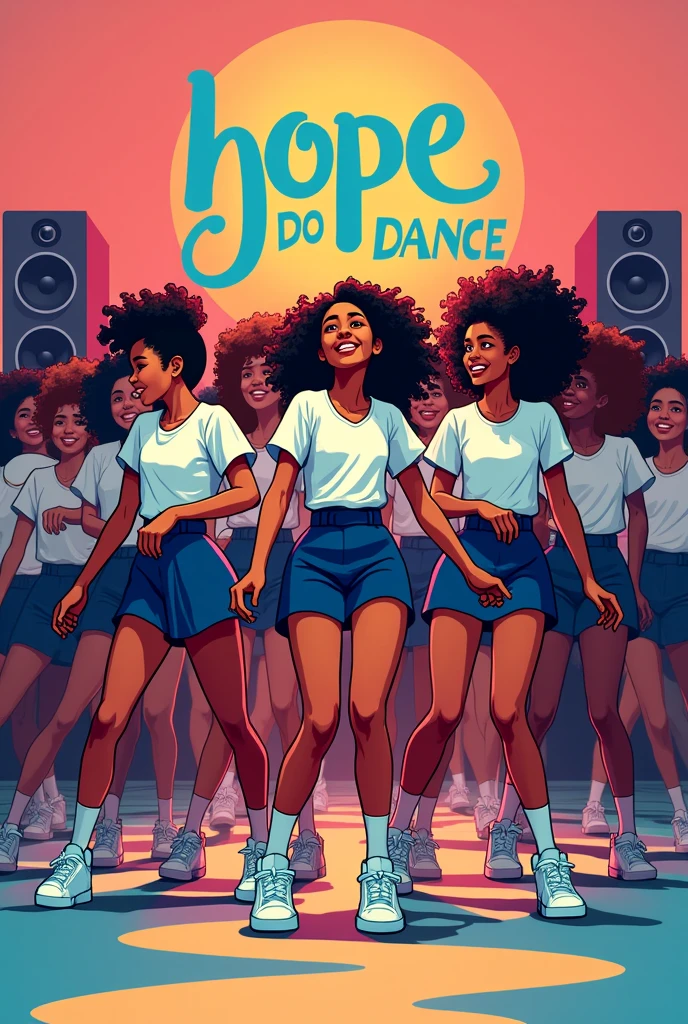 Logo written "HOPE GYALZ DO DANCE" with picture of girls dancing and speakers with school uniforms