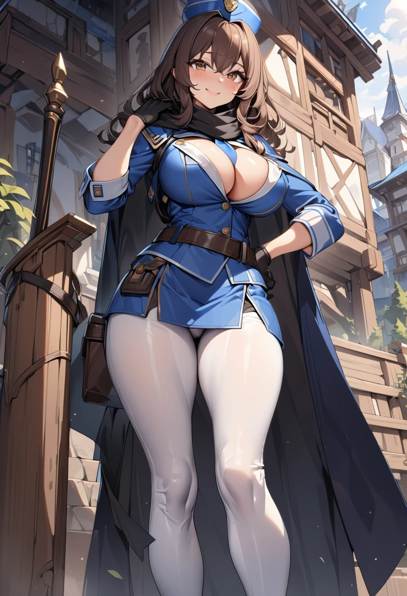 An adventurer guild officer girl, sexy body, big breasts, big hips, cleavage, ((blue officer outfit, black scarf, blue necktie, blue officer cap, short cape, white leggings, black leather gloves, leather high heels boots, leather belts and pockets, sword on hips)), (dark brown long wavy hairstyle: 1), brown eyes, smiling, (cute expression: 1), beautiful face, detailed face, very detailed, beautiful eyes, high quality, detailed background, high resolution, 8k resolution, ultra high detail, beautiful skin, perfect body, perfect anatomy