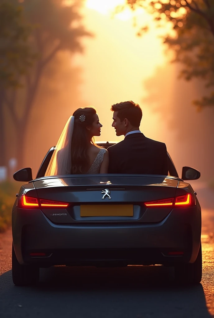 Picture, Bride and groom sitting in a car. The car can be seen from behind with Peugeot sign. 