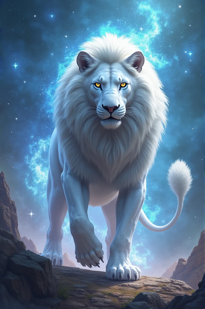 A muscular humanoid albino lion being a druid with cosmic powers