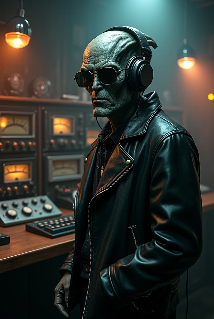 Realistic tough looking grey alien with sunglasses and announcer headphones and leather jacket standing in a spooky radio booth ready to transmit