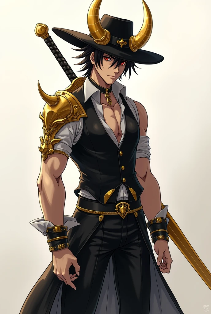 An anime guy, wearing a golden sword, black brimmed hat, vest, golden horn