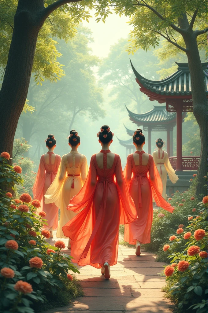 The women wearing the Chinese clothes at garden