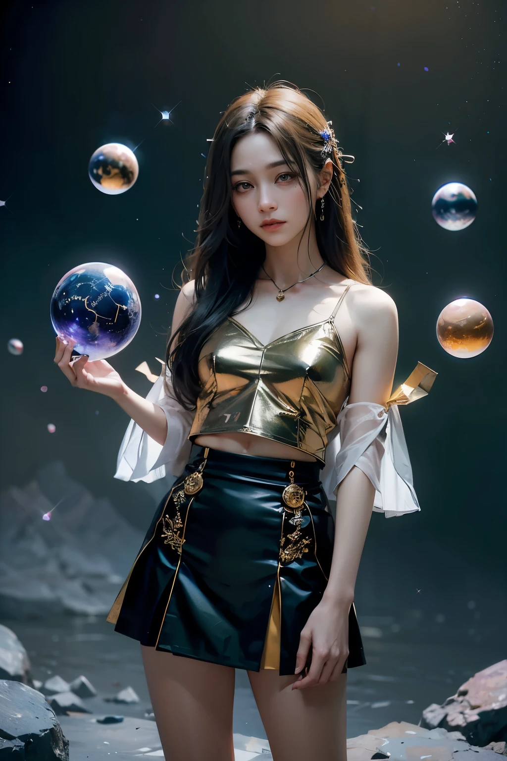 It depicts a mysterious and beautiful female character standing on a piece of debris hanging in the starry sky of space..。
The planets blend in with the starry sky background..、Elements such as nebulae and meteors。
The eyes of a beautiful male character have a secretive, strong and mysterious personality.。
Add a mysterious symbol or sign to the hanging fragments,It symbolizes a strong background。
In the Navy、Purple is the dominant color.,Complemented with gold or white highlights。Use light and particle effects to show the depth and mystery of space..。
7. Include the book title in your cover design.《Global Simulation:My talent is 100 million points》