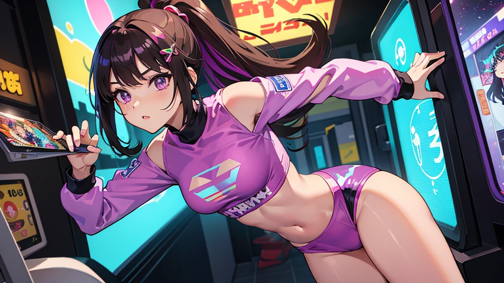 ((Masterpiece)), best quality, absurderes, ultra detailed, holographic, cowboy shot, golden ratio, super cute girl, mature girl, idol girl, super beautiful asian girl with very beautiful violet glowing eyes, beautiful glowing brown multicolored hair, high ponytail, nice and sexy body, slim body, perfect body, an anime printed super tight off shoulder long sleeve crop top, a super aesthetic transparent mini jacket, beautiful hair ornament, pink jordan tennis, being photographed in a mall shop,( undressing, showing neon pink panties, showing thong: 1.5)