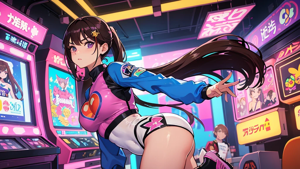 ((work of art)), best qualityer, absurderes, ultra detaild, holographic, cowboy shot, golden ratio, super cute girl, mature girl, idol girl,  super beautiful asian with beautiful bright violet eyes, beautiful multicolored shiny brown hair, high ponytail, beautiful and sexy body, Fine body, perfectbody, wearing a super tight leotard with an anime print, a super tight long sleeve crop top with anime print, a super aesthetic transparent mini jacket, beautiful hair ornament, pink jordan sneakers, playing with her handsome skinny boyfriend, with shiny messy black hair and super casual clothes in the arcade games