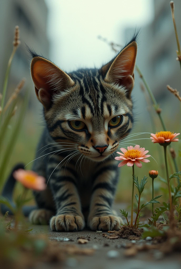 cat with wounds on its face, in a vacant lot full of tall weeds, smelling a flower. the aspect of the image needs to be human.