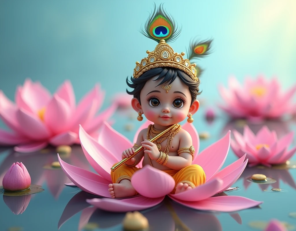 A cute little 2 year old indian baby boy dressed as Lord krishna, sitting on a pink lotus in a pond, various other pink lotuses seen in the pond, bright blue sky, wearing a golden crown with a peacock feather in it, normal human features, normal head size and holding a flute in his hand , bright and beautiful image, normal human face and normal human eyes, no animated eyes to be seen,create high quality realistic image, beautiful Landscape, eyes facing straight at the camera, image should ultra clear, hyper realistic, high quality 4k