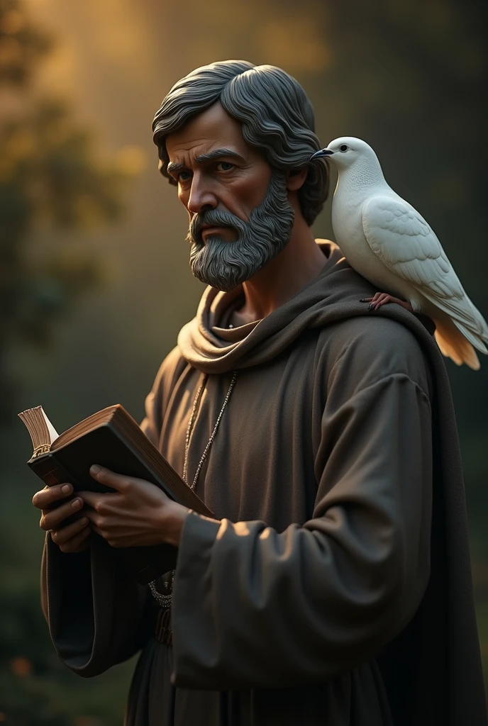 san francisco de assis. The statue should depict him holding a book in his left hand and with a white dove perched on his right shoulder.. serene and spiritual expression. The surrounding scenery should be dark, with soft lighting highlighting, creating a contrast that highlights its holiness and serenity. The environment should convey a sense of reverence and peace."