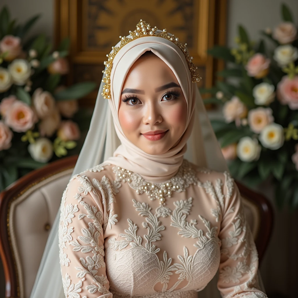 a indonesian woman, a bit chubby, wear sheer silk hijab with gold accesories and some Jasmine flower pistil decoration tied lengthwise. glamour makeup, wear longsleeve intricate lace details white traditional indonesian muslim bride kebaya, sweet calm expression, indoor glamour wedding decoration seat with sunda theme details. look at the viewer, natural light, realistic photography, wide angle shot , detailed facial features,
