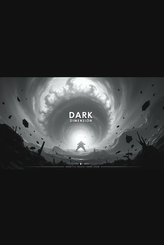 a lot of chaos, inside the tornado, BLACK AND WHITE COLORS, and very bright rays, strong storm, title in the middle that says: Dark Dimension, and much more chaos, floating things and more rays