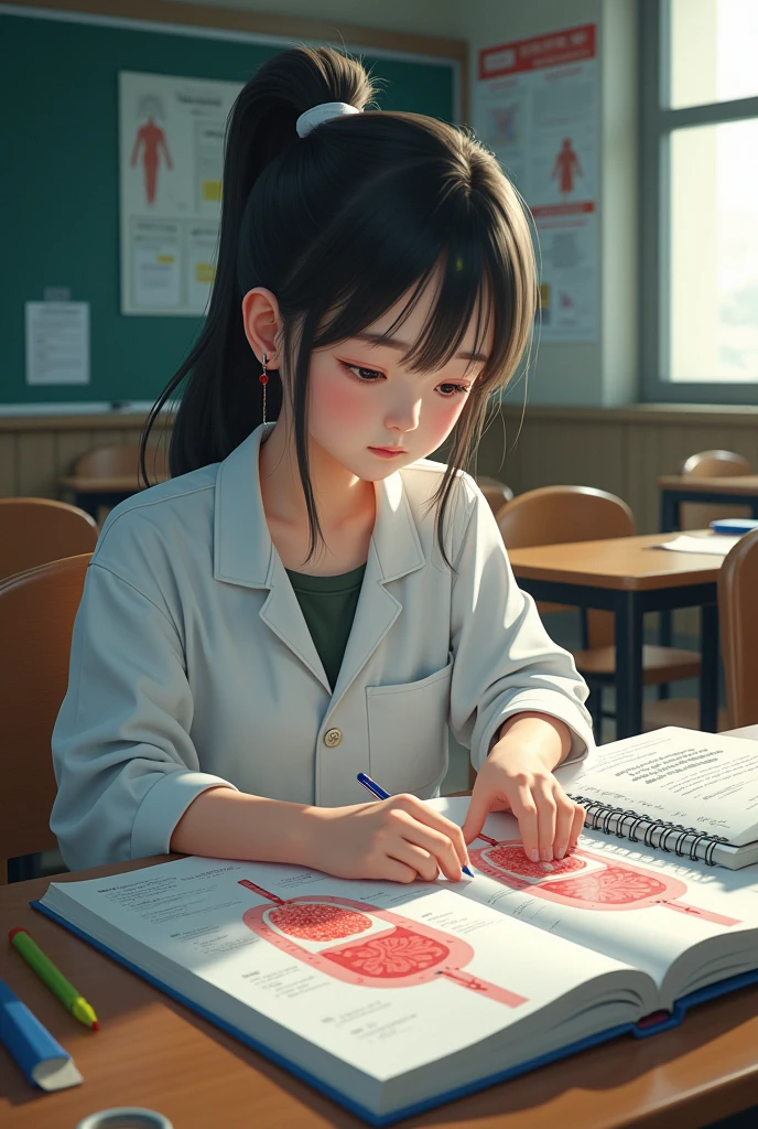 A young Japanese woman is in a classroom. She is studying the digestive system.