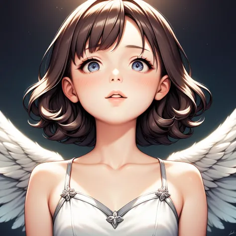 masterpiece, angel girl, young，black right wing and white left wing，brunette with wings, white dress with feathers, close-up por...