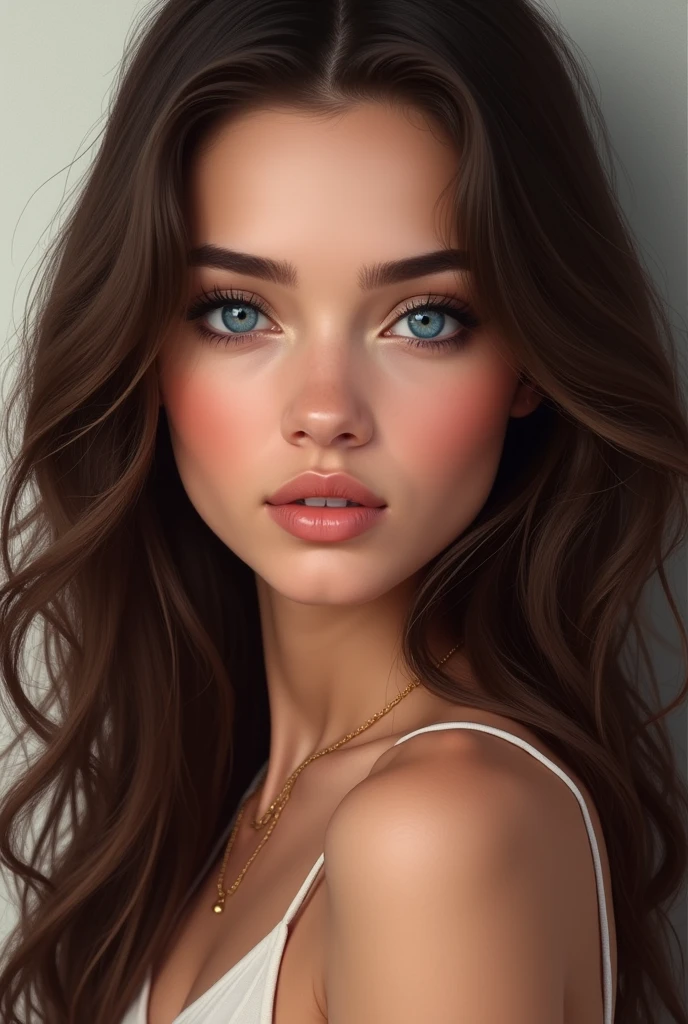 Create a realistic illustration of a model with brunette hair and striking blue eyes. Her face is exceptionally attractive, featuring harmonious features and an expression that conveys both confidence and charm. Her brown hair is long and slightly wavy, cascading gracefully around her face. The lighting should highlight her clear eyes and delicate features, emphasizing the model’s natural beauty. The background should be simple and unobtrusive, ensuring that the focus remains on the captivating face.