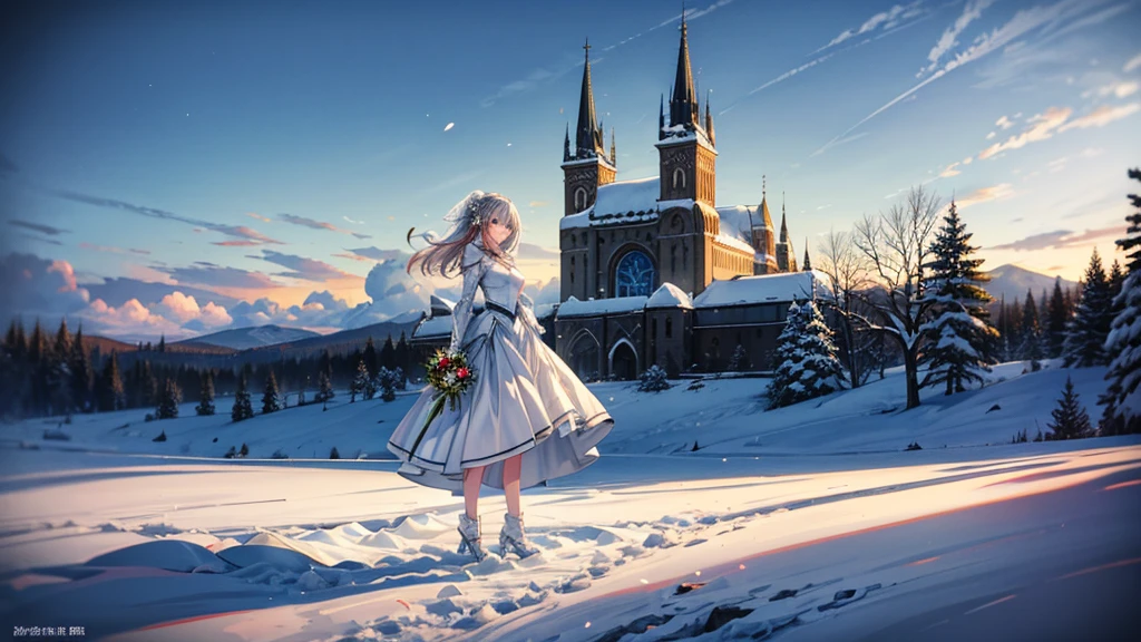 A woman standing alone in a snowy field, wearing a short wedding dress and armor, in a proper shooting stance, anime style