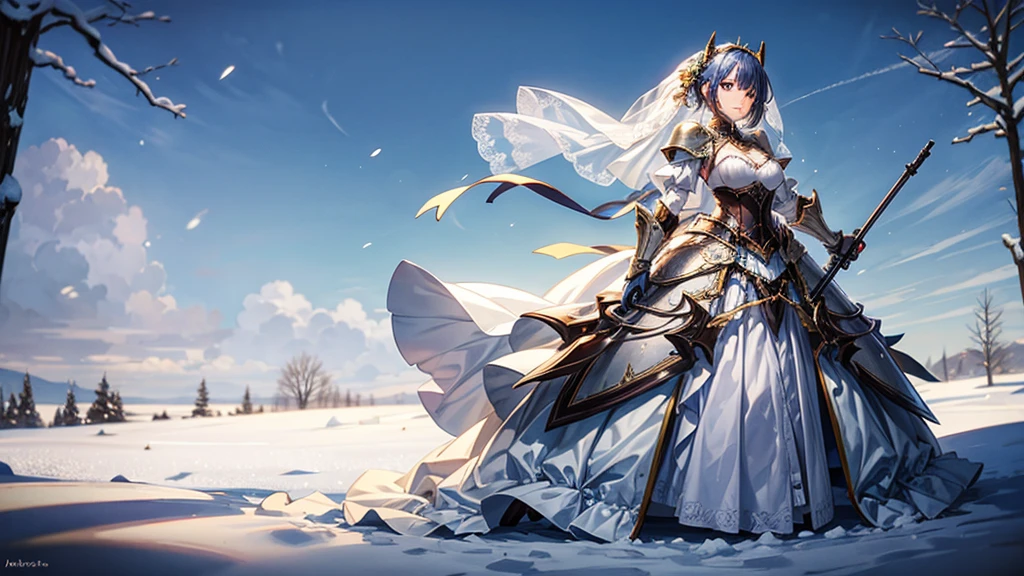 A woman standing alone in a snowy field, wearing a short wedding dress and armor, in a proper shooting stance, anime style