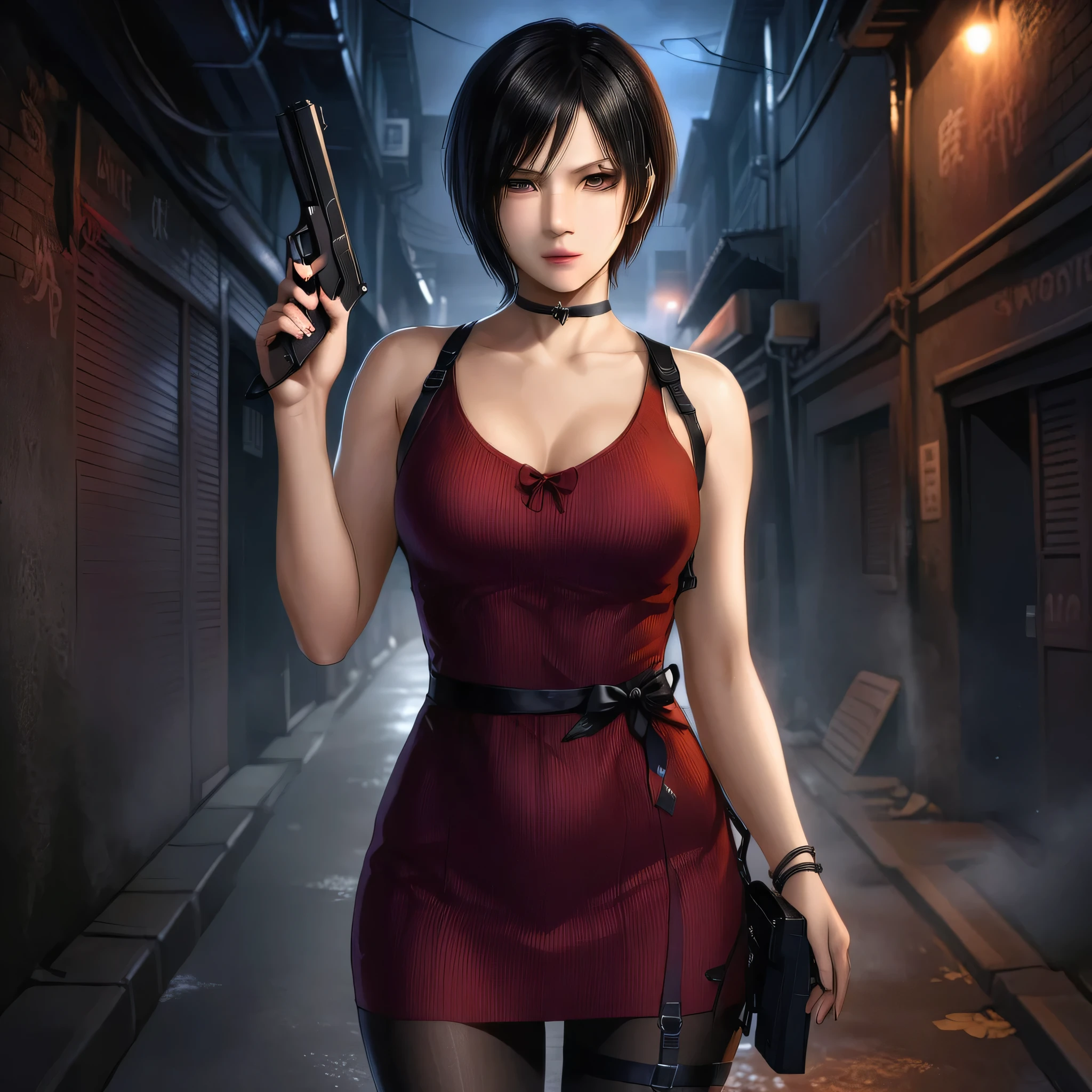 Ultra-realistic extremely detailed real life 8k masterpiece of a gorgeous asian woman re ada wong wearing black pantyhose re4 style dress in a dark alley at night, ada holding gun in hand, extremely detailed facial features, dark scary epic lighting, horror composition,anime style