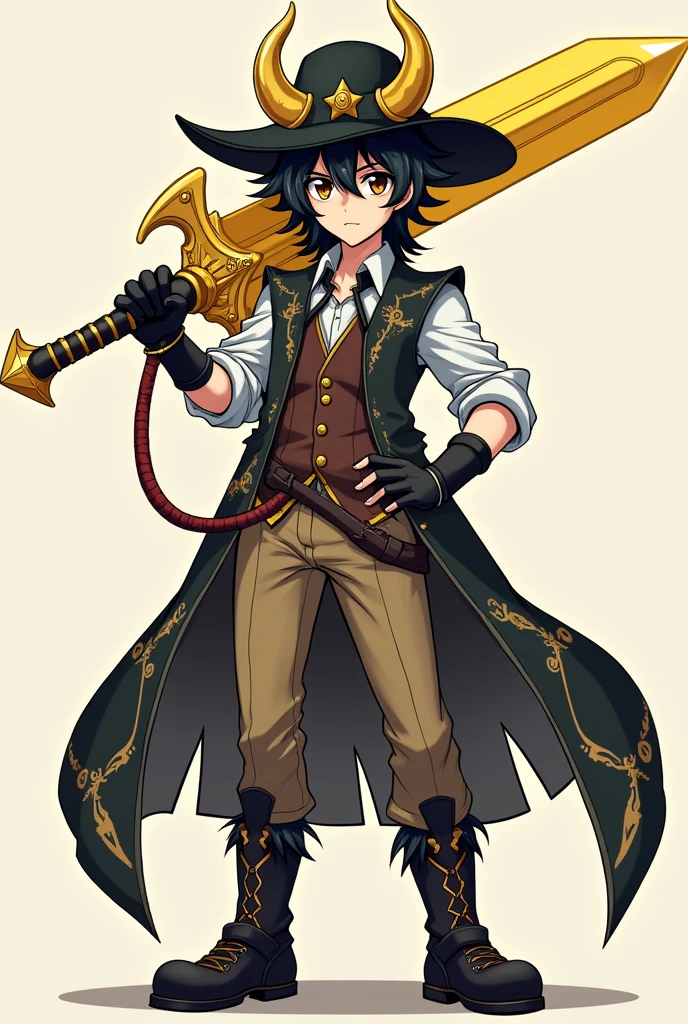 An anime guy, wearing a yellow sword, black brimmed hat, vest, golden horn