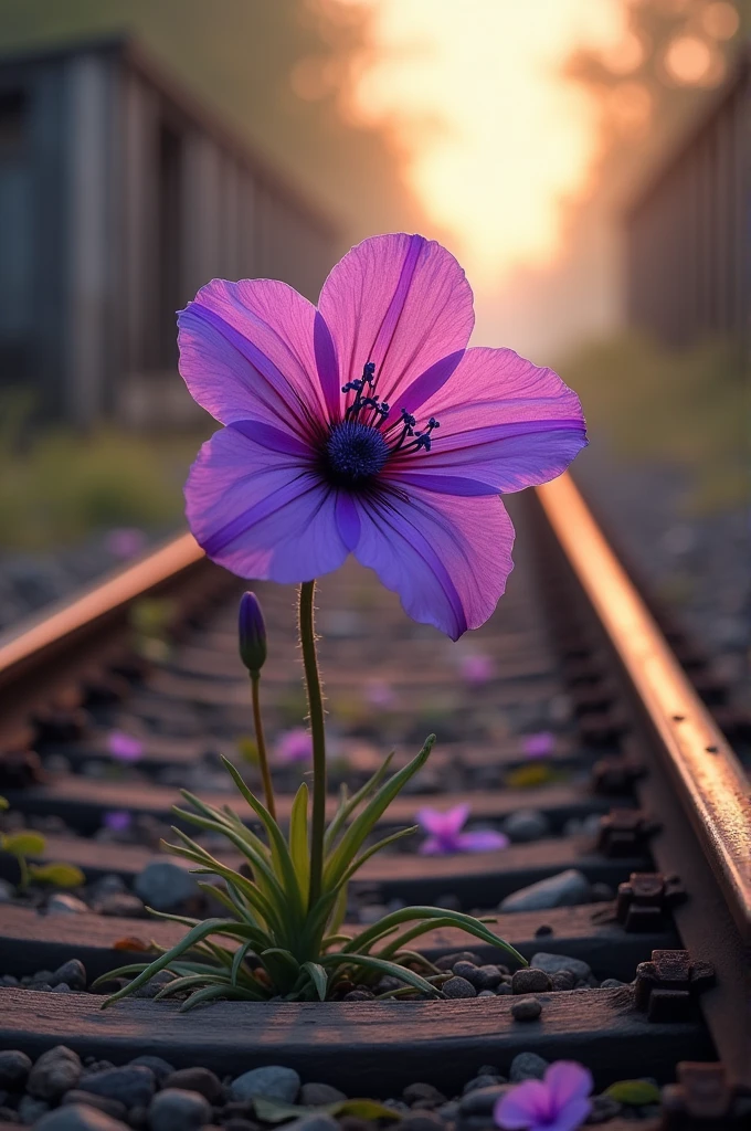 Creat a photo of a purple flower on a broken railway and sun light on it on high quality 