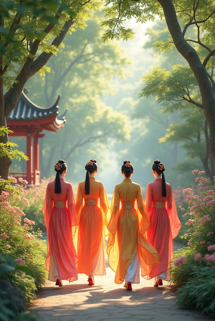 The women wearing the Chinese clothes at garden