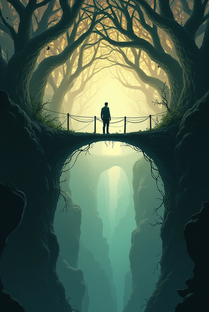 A man on a bridge inside a head