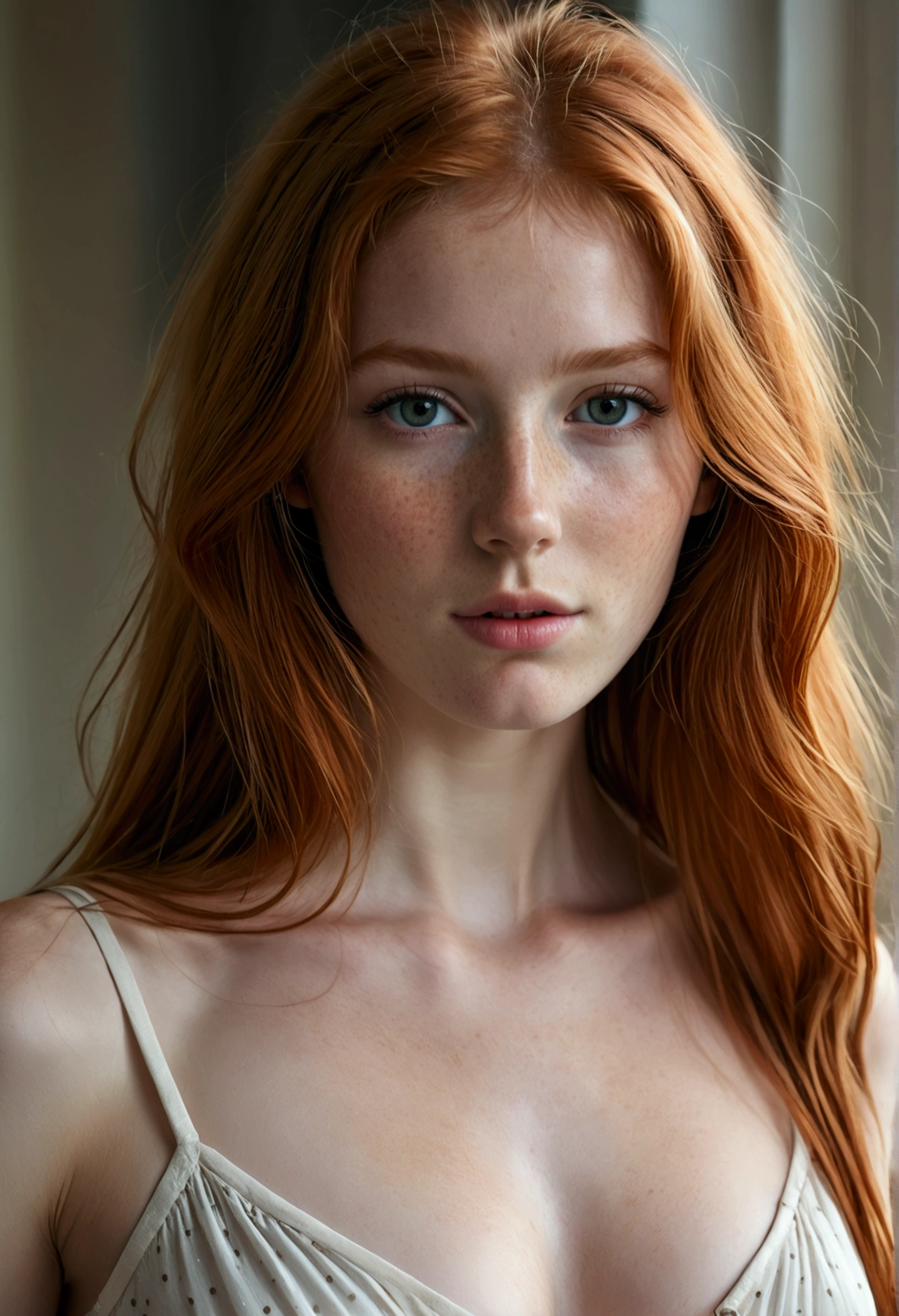 a beautiful redhead girl, long straight messy hair, detailed cute freckles, medium firm breasts, slim waist, wearing a low-cut dress with firm erect nipples pking through, detailed facial features, looking leeringly and seductively, photorealistic, masterpiece, 8K, hyper detailed, realistic, cinematic lighting, warm colors