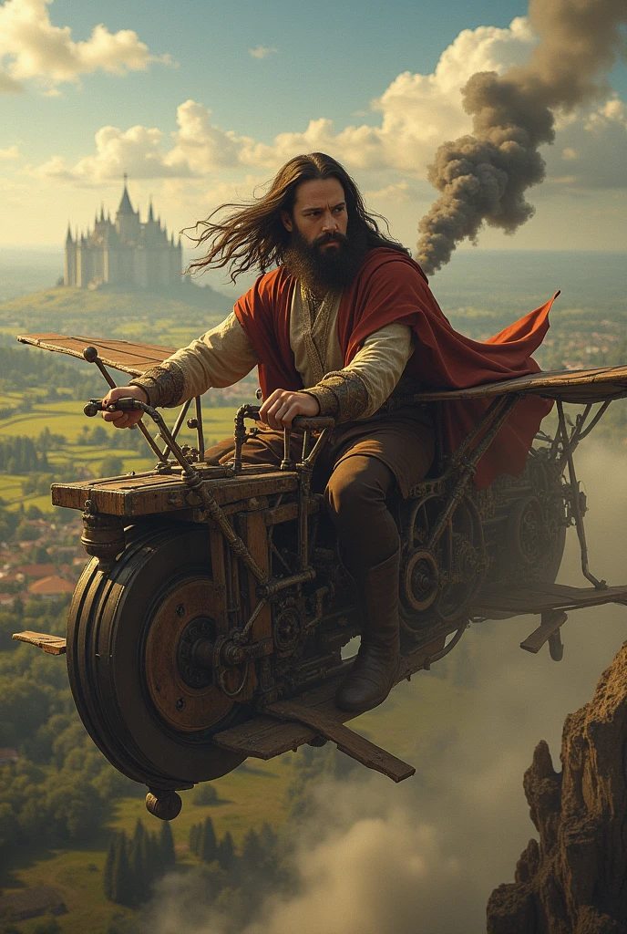 I need you to generate Leonardo da Vinci riding a flying machine heading to attack Queen Isabel