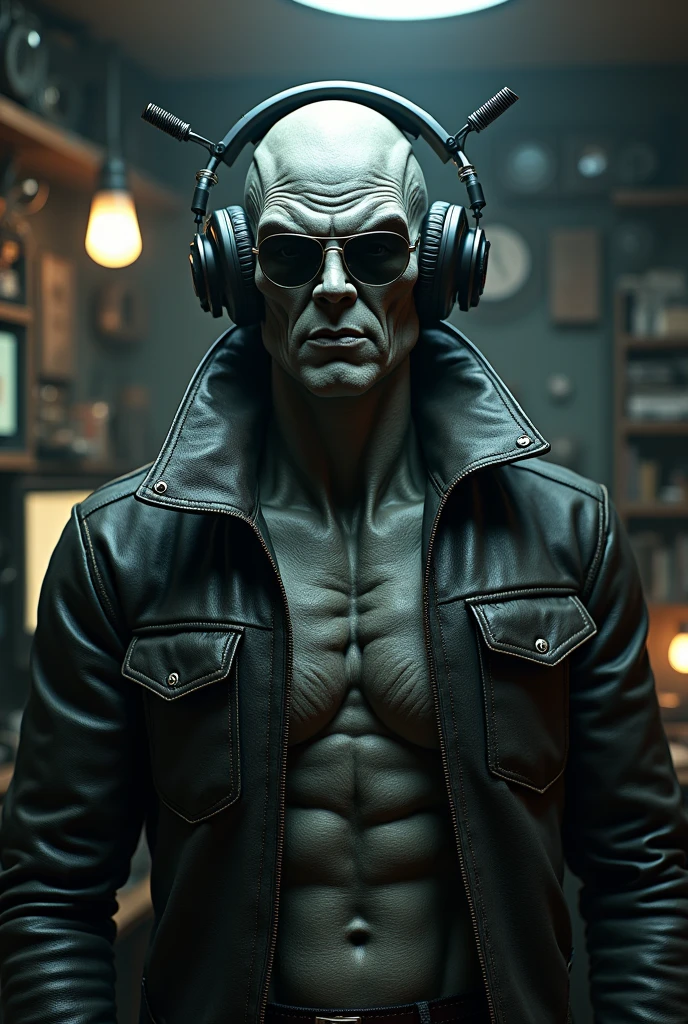 Realistic looking tough and strong grey alien with sunglasses and announcer headphones and leather jacket standing in a spooky radio booth ready to transmit