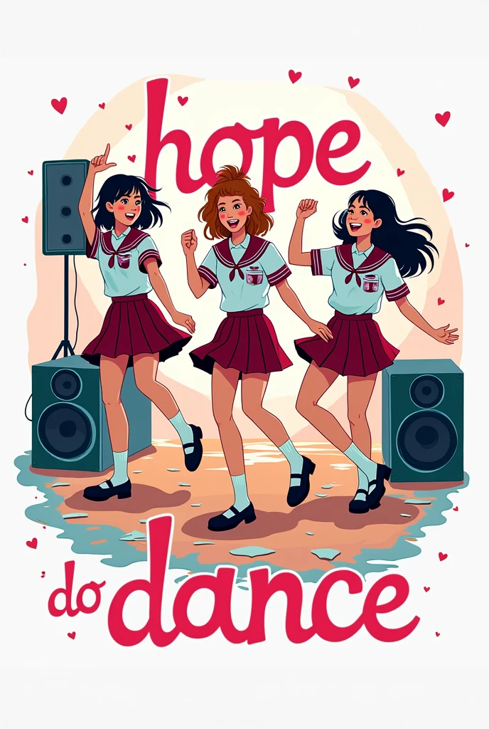 Logo written "HOPE GIRLS DO DANCE" with picture of girls dancing and speakers with school uniforms