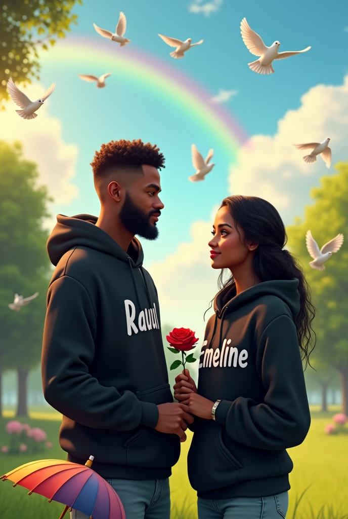 Realistic African 21-year-old Handsome boy with beard ,Black Hoodie with a 18-year beautiful girl in a Black Hoodie, the girl has a red rose flower in her hand, and the boy holding a multi-colorful umbrella in his hand, written in "Raoul" in the boy's hoodie, and "Émeline" in girl hoodie, in outdoor Park with white Background Doves Flying, Beautiful picture, pretty girl, So happy picture, profile pic, Rainbow Behind, 3d illustration, hyperrealistic, Look straight


