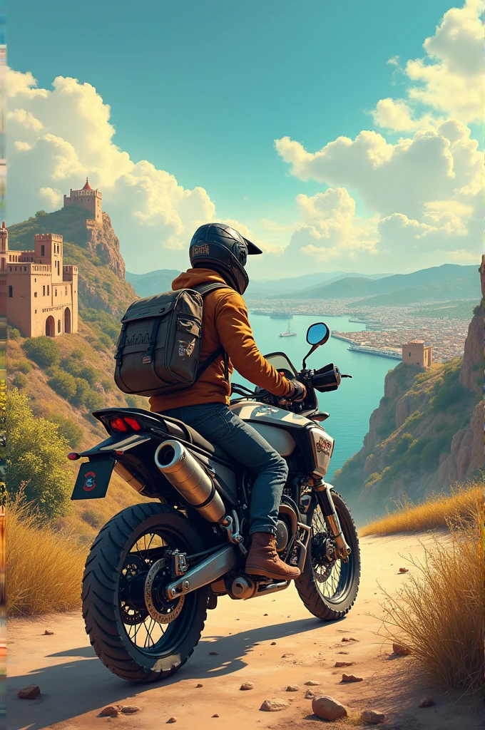 Design an image that realistically includes , una moto adventure, landscapes of seville, port , granada, Lisbon and the coat of arms of Spain and Portugal