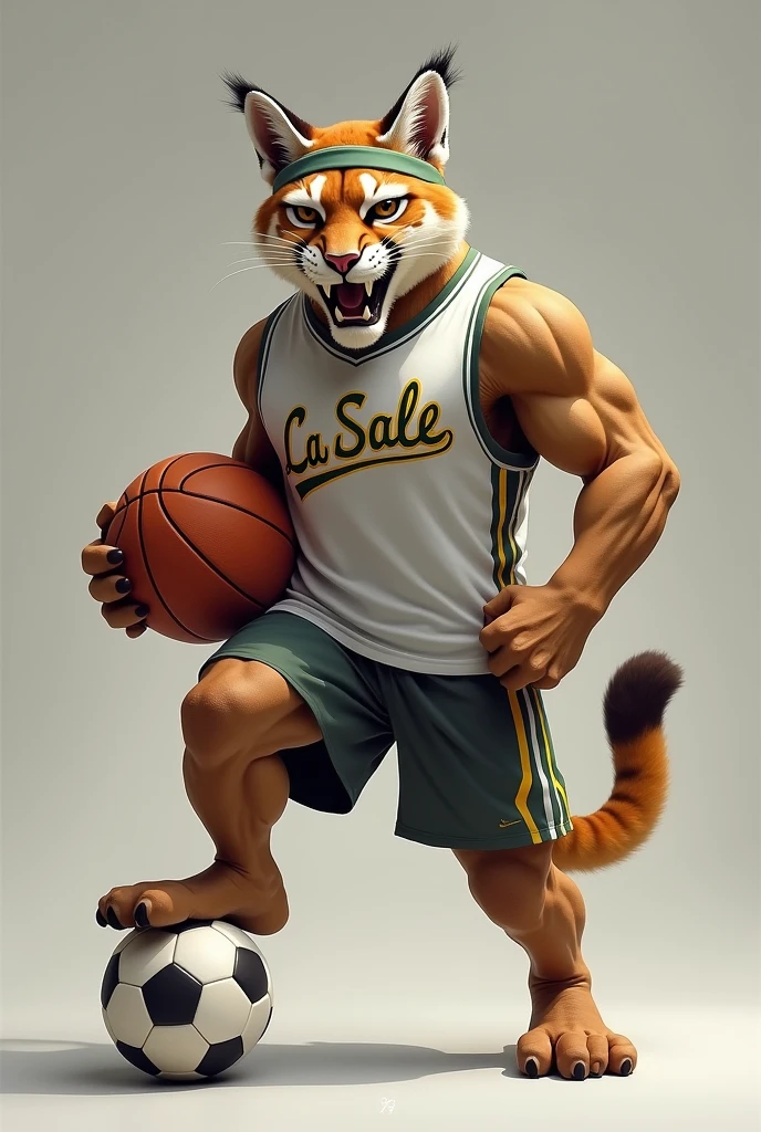 Andean puma of Peru , standing on two legs, with a light lead-colored athletics shirt, stepping on a soccer ball and holding a basketball in the other front paw, on the head that has a lead sports headband, on the shirt on the chest that has the word La Salle diagonally, The shirt has to be lead and the adult puma showing its fangs