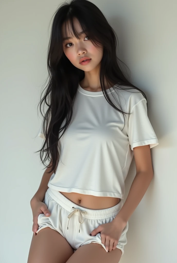 erotic naked, (8k, RAW Photo, Best Quality, Masterpiece:1.3),(Real,Photo:1.37),(Black Hair),Pose,1girl,Very Beautiful Face,Cute,(Small),(Put Your Hands Down))),sexual excitement, seductive saggy eyes, Poggy Hairstyle,Random Expression,(White T-shirt),JK_style,(Track Shorts) ,Black Hair,(Age 19),Modest,Five Fingers,Normal Hands,Small Mouth,Straight Hair, thigh gap, camel toe